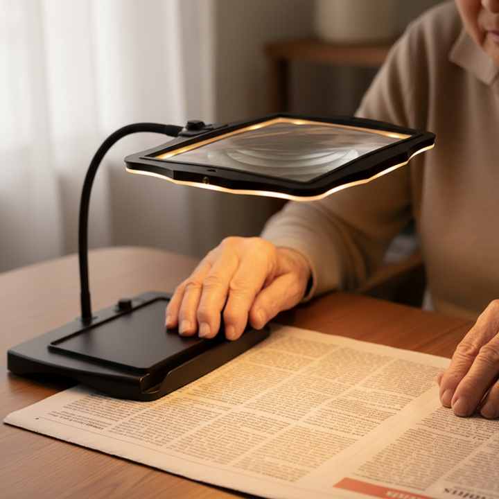 Close-up of black adjustable magnifying lamp with bright LED light.