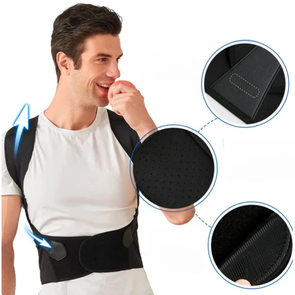 Neck and back support brace for improved posture and health, featuring adjustable straps.