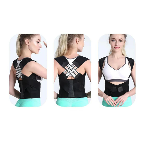 Close-up of an adjustable posture corrector brace, highlighting its comfortable and ergonomic design.