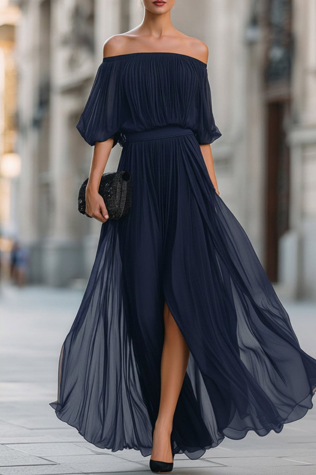 Chic pleated off-shoulder evening dress for women, a sophisticated long maxi gown for any special occasion.
