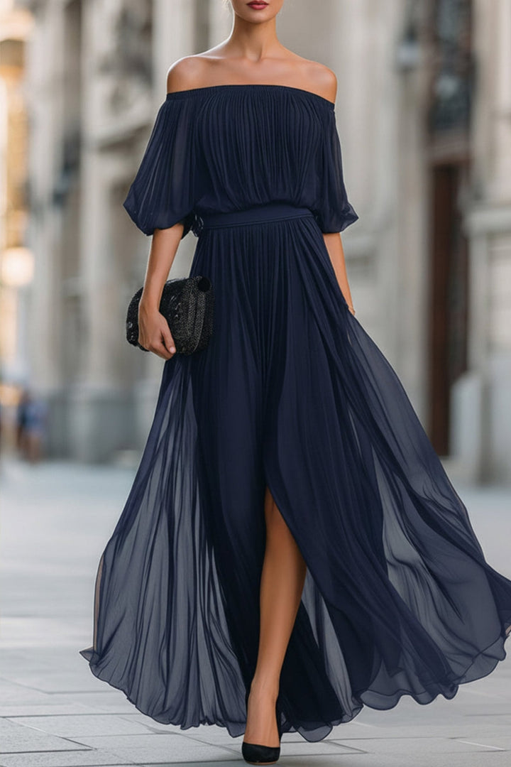 Chic pleated off-shoulder evening dress for women, a sophisticated long maxi gown for any special occasion.