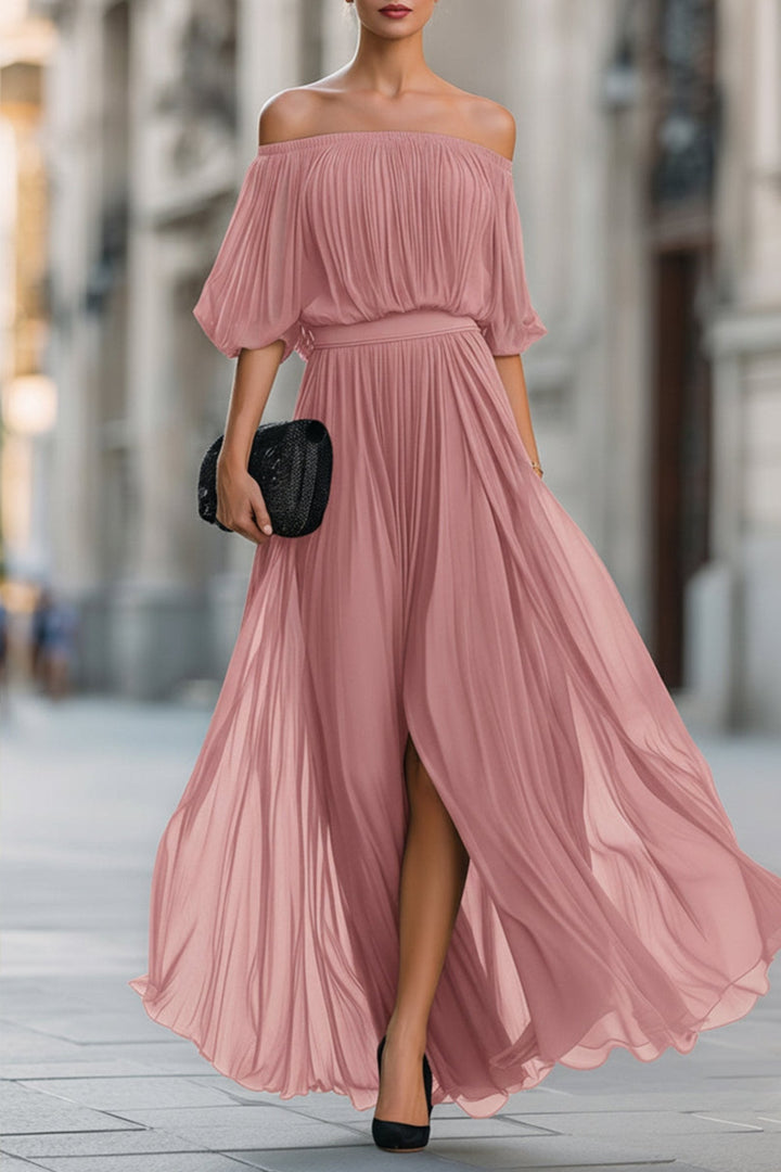 Fashionable women's off-shoulder pleated maxi dress, a versatile and elegant option for evening parties.