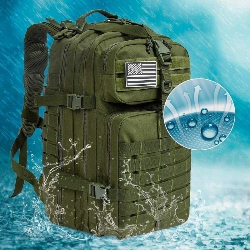 Front view of a 50L adventure backpack. Durable, water-resistant for travel & hiking.