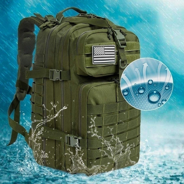 Front view of a 50L adventure backpack. Durable, water-resistant for travel & hiking.
