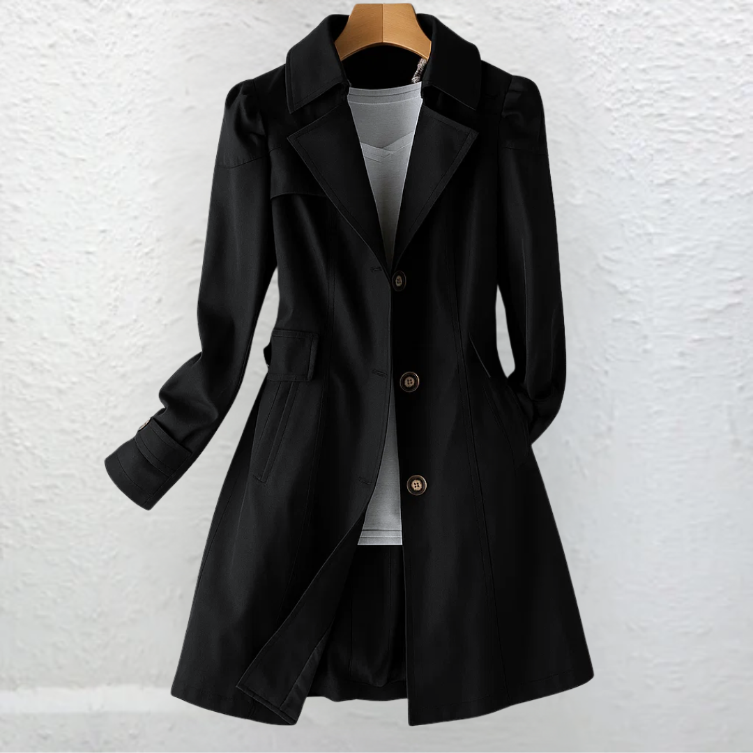 Elegant women's vintage style button-front trench coat for classic fall & spring fashion.