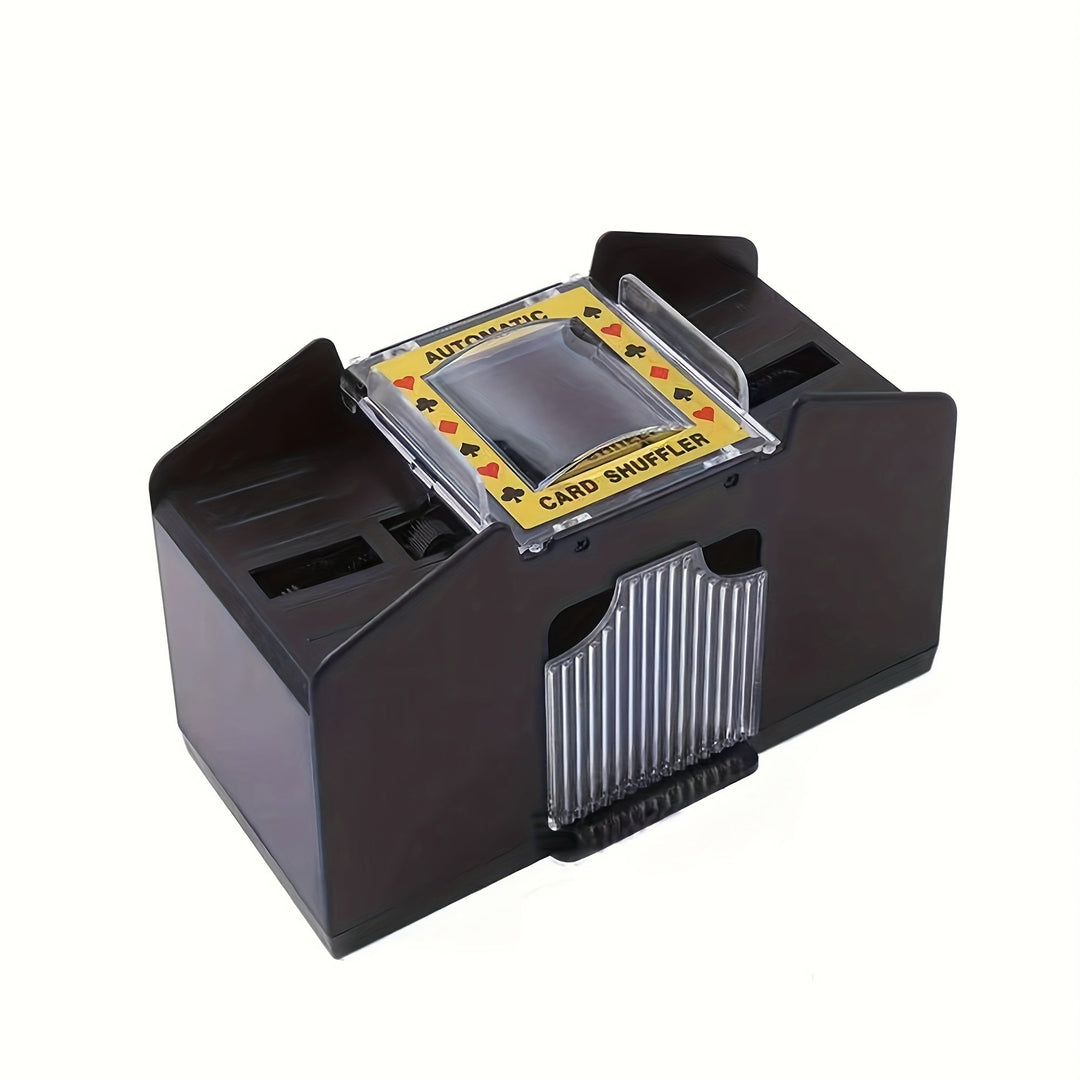 Friends enjoying game night with an automatic card shuffler, making card games smoother & faster.