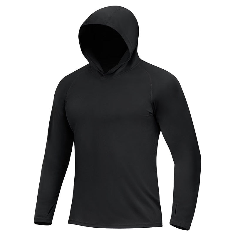 Men's UPF sun protection hooded fishing shirt, long sleeve, quick-dry for outdoor athletic wear.