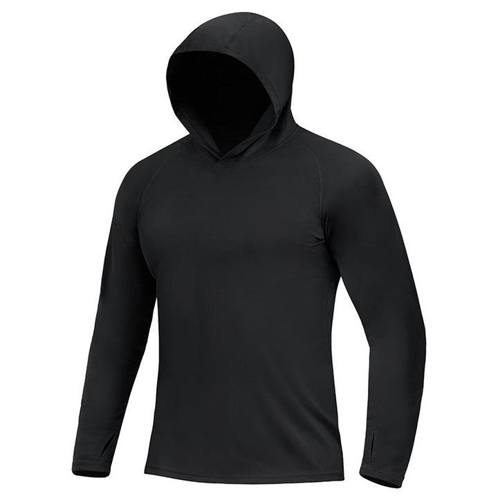 Men's UPF sun protection hooded fishing shirt, long sleeve, quick-dry for outdoor athletic wear.