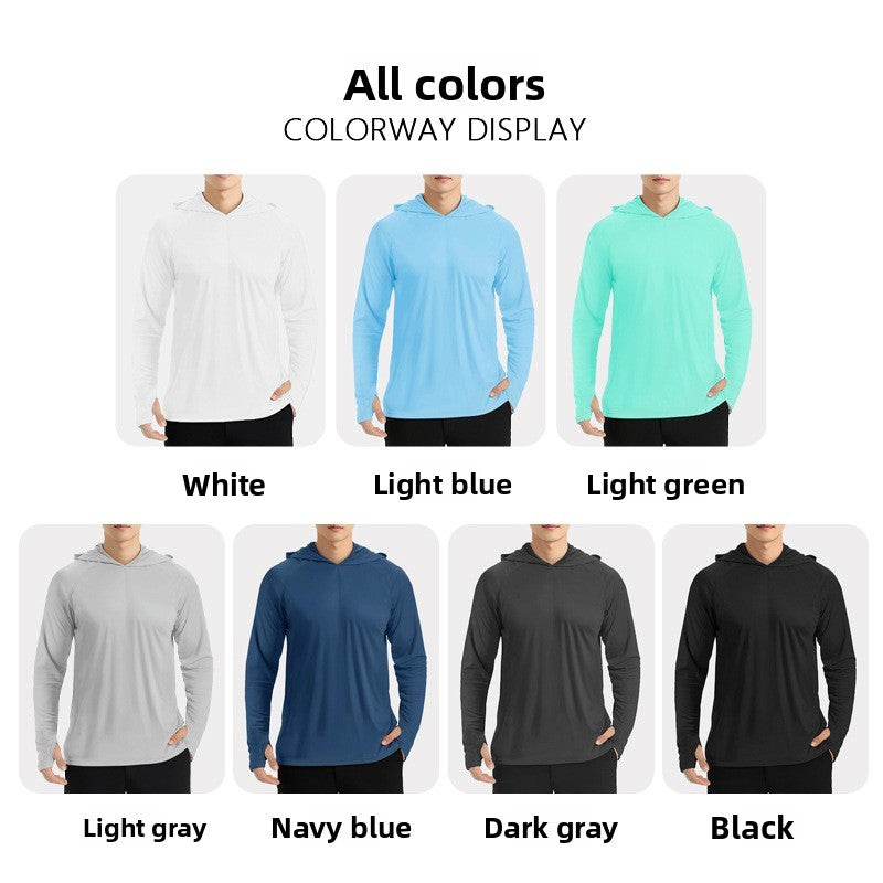 Men's performance fishing shirt with hood, UPF sun protection, quick-dry long sleeves for outdoor adventures.