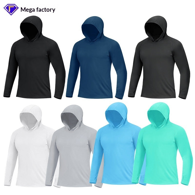 Chic men's hooded fishing shirt, UPF sun protection, quick-dry long sleeve for versatile casual & outdoor wear.