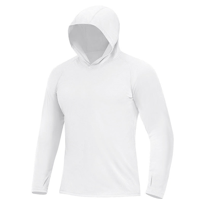 Men's fishing shirt, hooded with UPF sun protection. Ideal quick-dry long sleeve for outdoor and athletic activities.