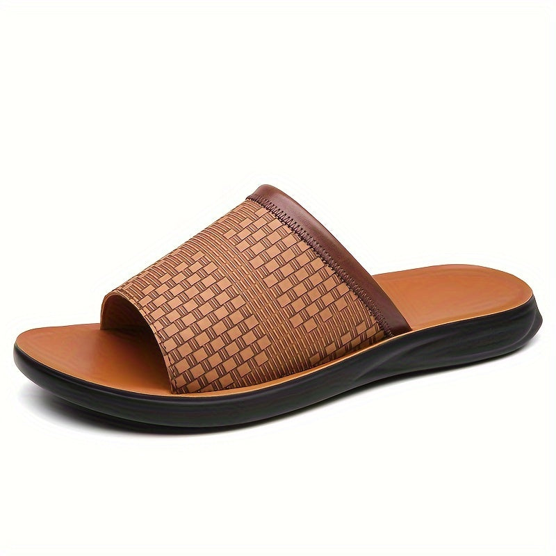 Stylish men's open-toe slide sandals with an elegant textured finish. Comfortable and versatile summer beach footwear.