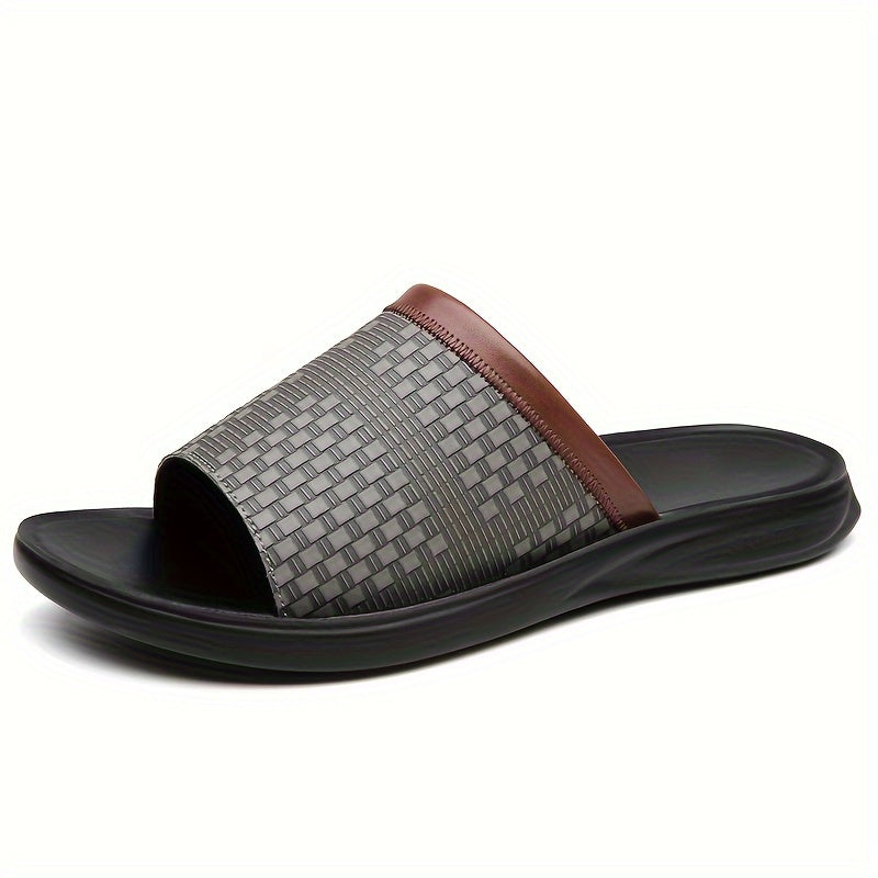 Men's sophisticated textured slide sandals. Comfortable, open-toe design, great for summer, beach, and casual wear.