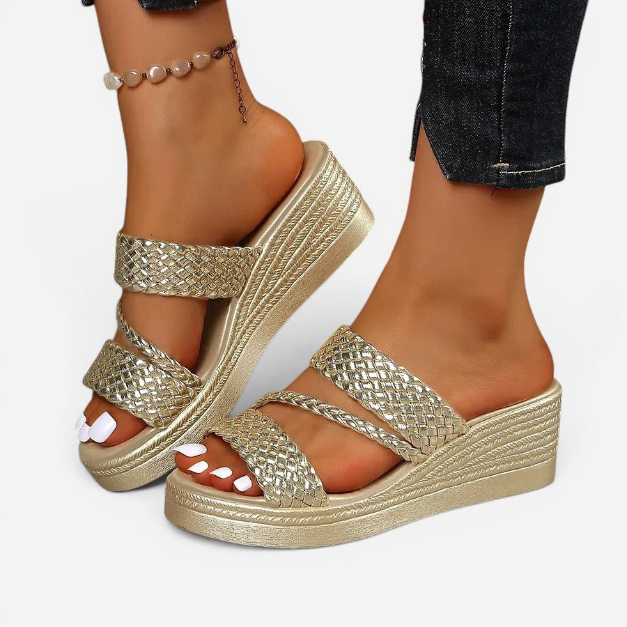 Casual summer footwear: Ainsley padded platform slip-on sandals for women, woven texture.
