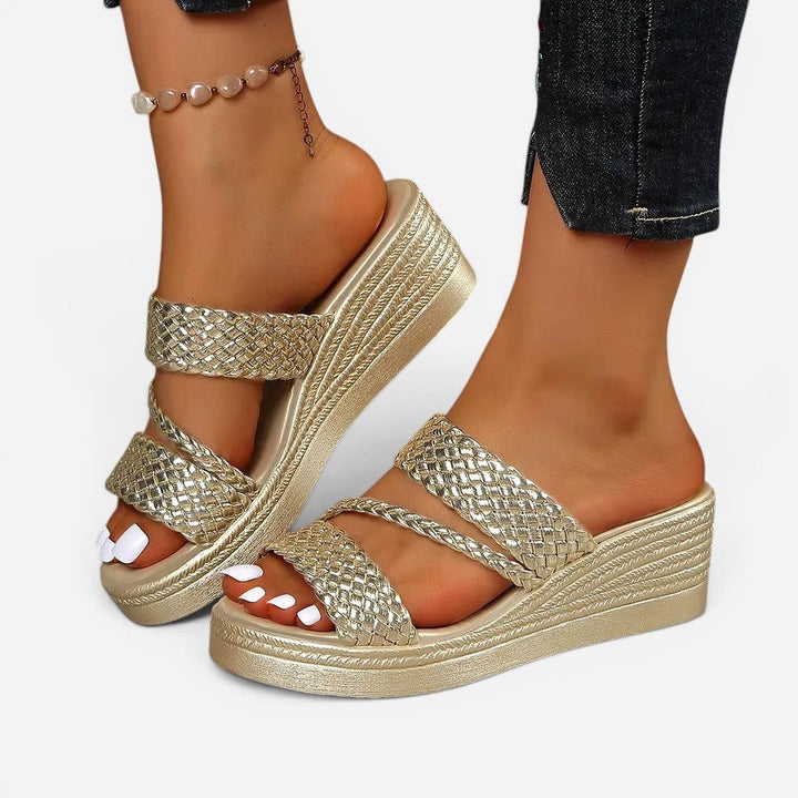 Casual summer footwear: Ainsley padded platform slip-on sandals for women, woven texture.