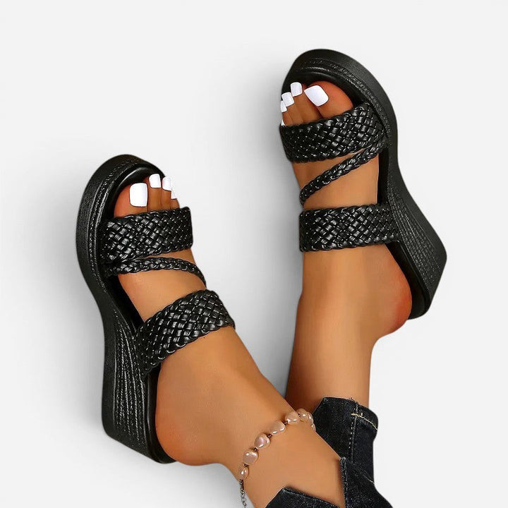 Pink Ainsley woven platform sandals, padded for comfort, stylish slip-on for women's casual look.