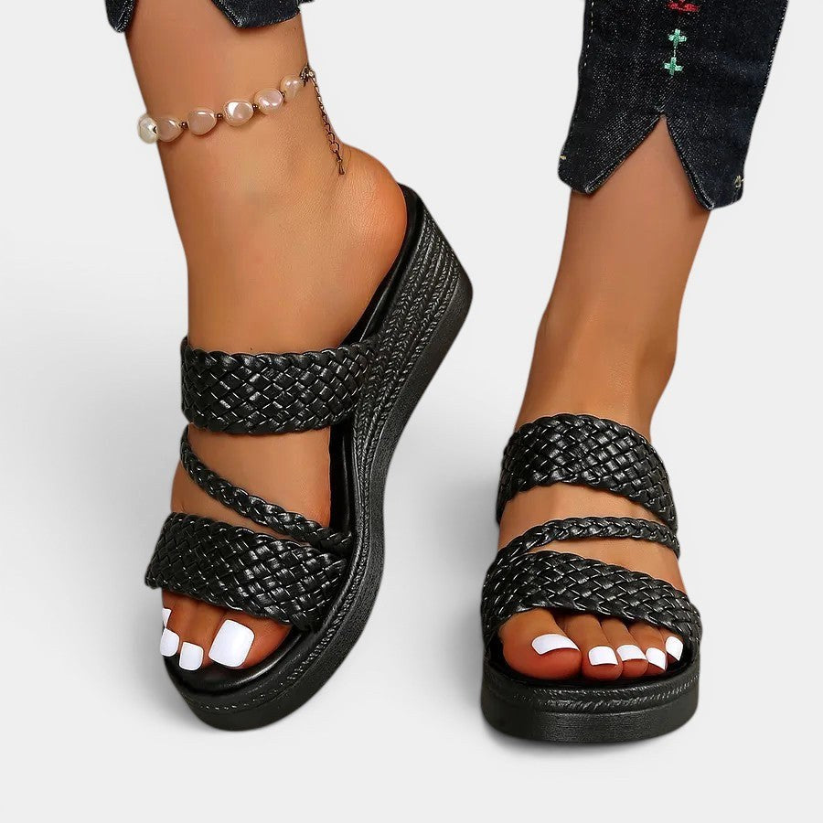 Gold Ainsley women's platform sandals, padded slip-on style with woven detail, perfect for summer.