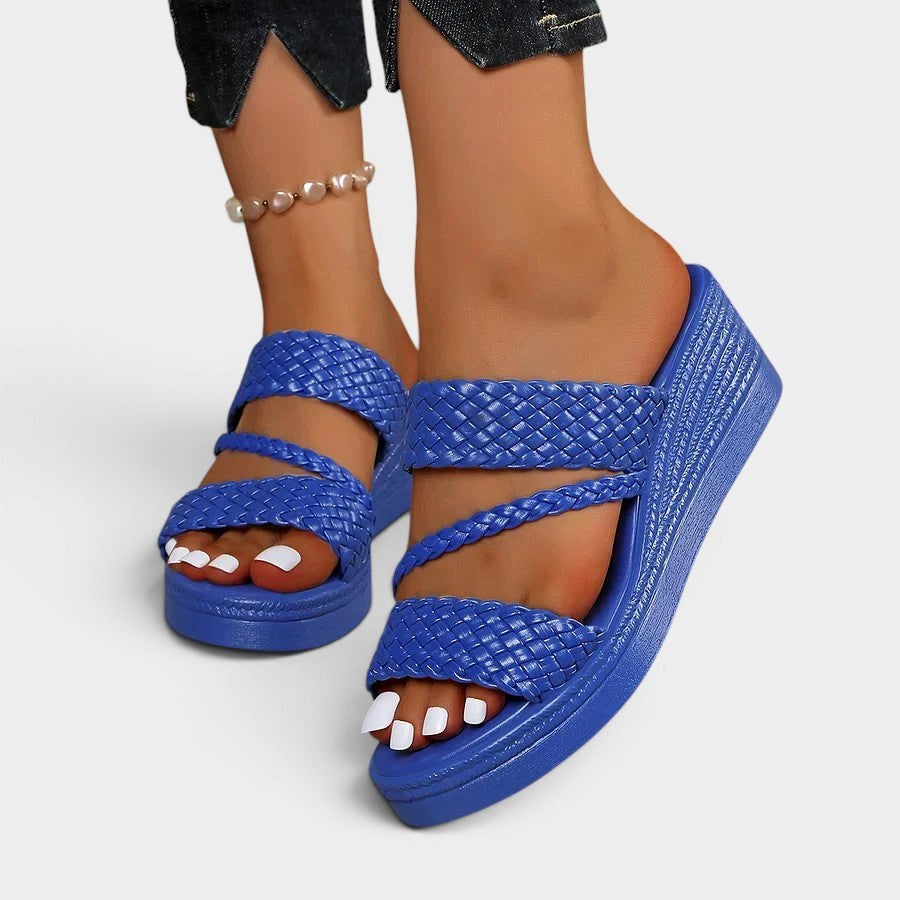 Blue Ainsley slip-on platform sandals for women, padded woven straps offer ultimate summer comfort.