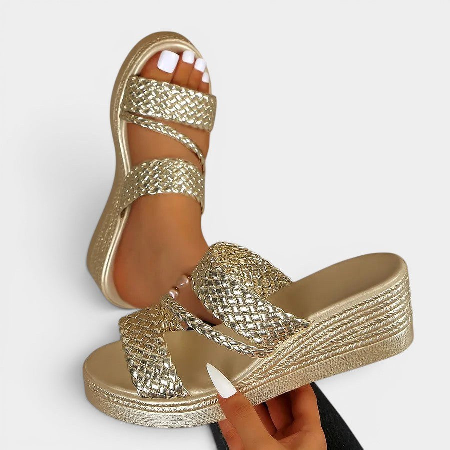 Stylish pink women's padded platform sandals, comfortable slip-on design for casual wear.