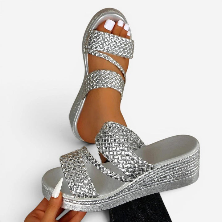Gold Ainsley platform sandals for women, featuring padded woven straps and easy slip-on style.