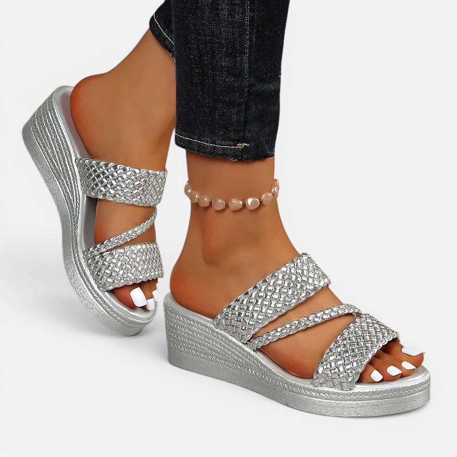 Blue padded platform sandals, Ainsley slip-on style for women, great for casual summer outfits.