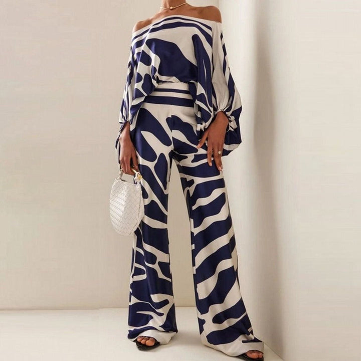 Fashionable women's off-shoulder printed two-piece set with a versatile design for autumn.