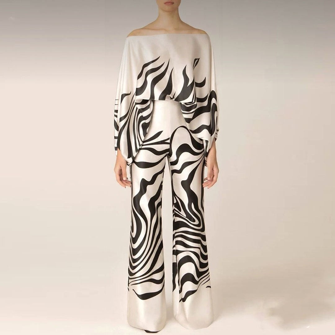 Women's casual off-shoulder printed two-piece outfit, perfect for autumn fashion and everyday wear.