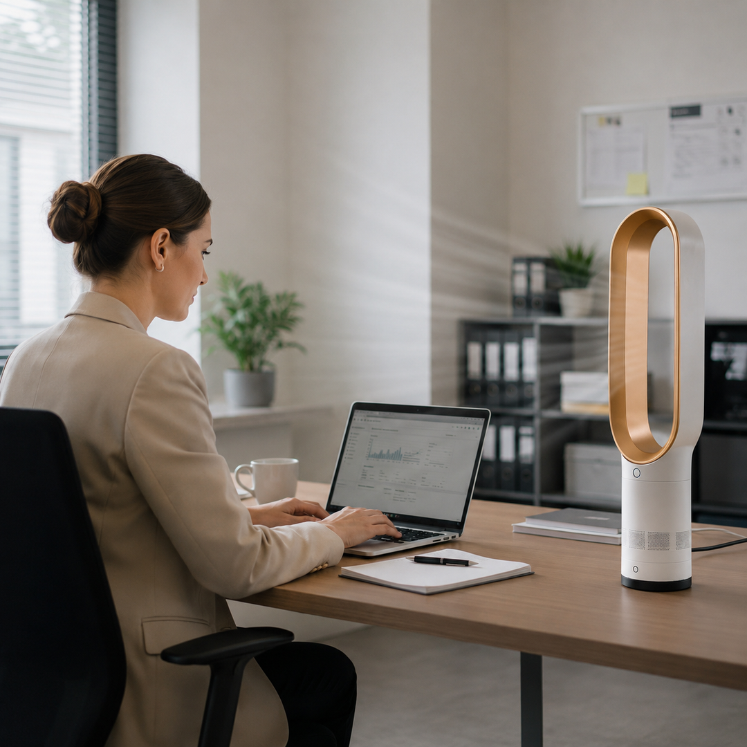 Portable blade-free safety fan with remote for efficient home cooling. Sleek design, easy to move.