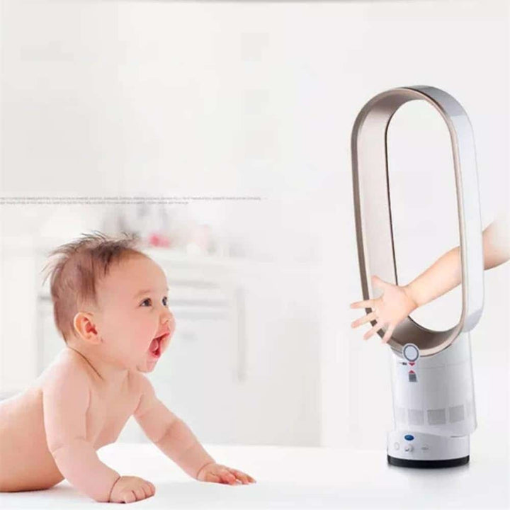 Modern oscillating blade-free fan with remote control for indoor comfort. Powerful air circulation.