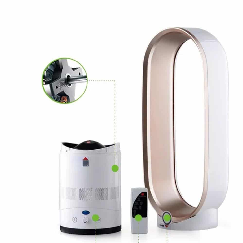Elegant blade-free tower fan with remote. Delivers refreshing, oscillating cool air for any room.