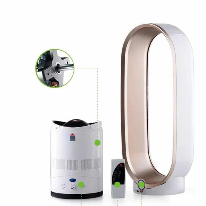 Elegant blade-free tower fan with remote. Delivers refreshing, oscillating cool air for any room.