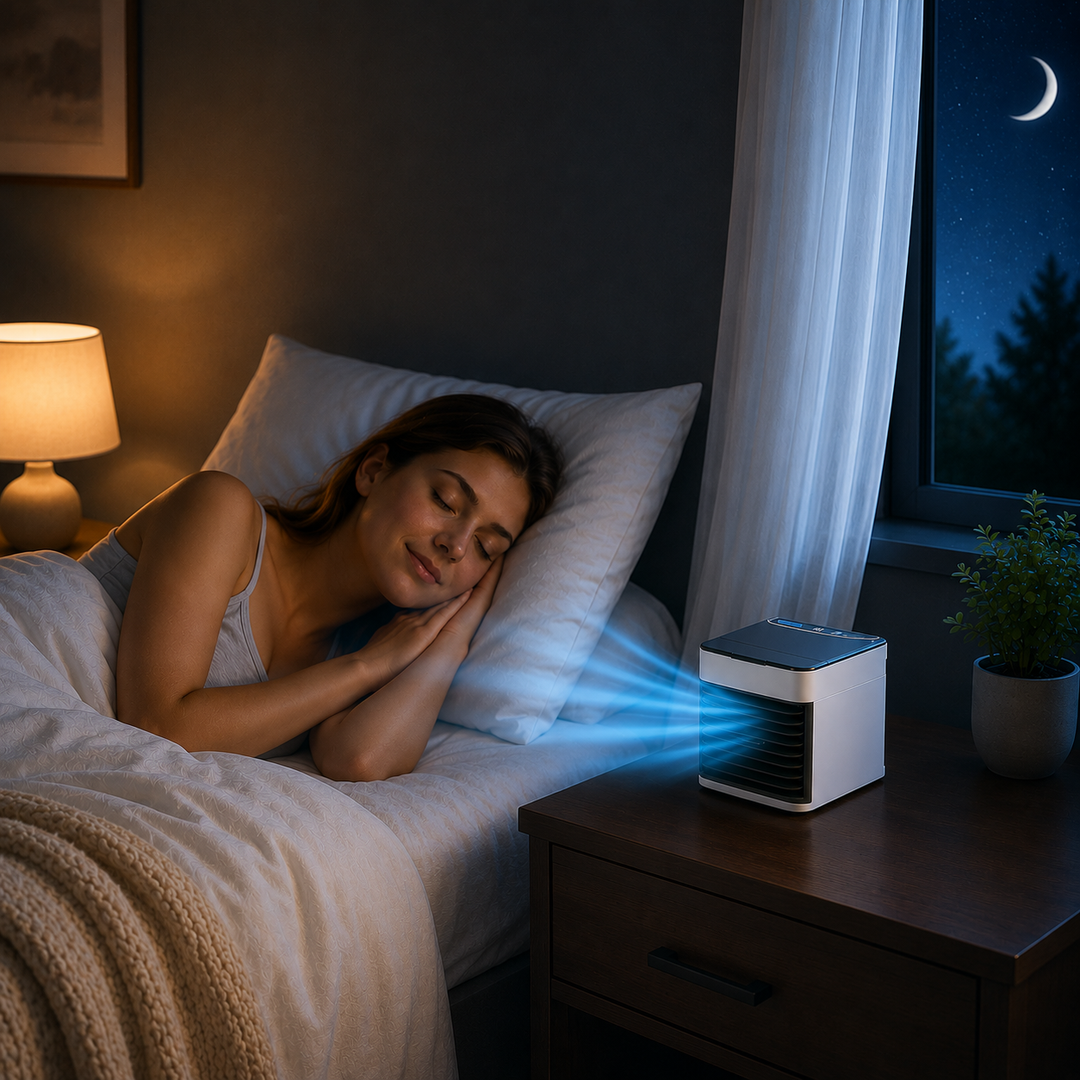 Compact portable air cooler with humidifier & purifier, perfect for desk, bedroom, or office. Essential summer fan.