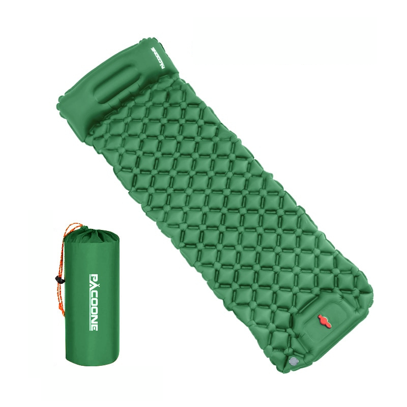 Ultralight camping air mattress with integrated pillow, perfect for comfortable outdoor sleeping & travel.