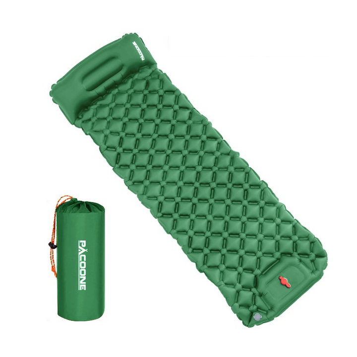 Ultralight camping air mattress with integrated pillow, perfect for comfortable outdoor sleeping & travel.