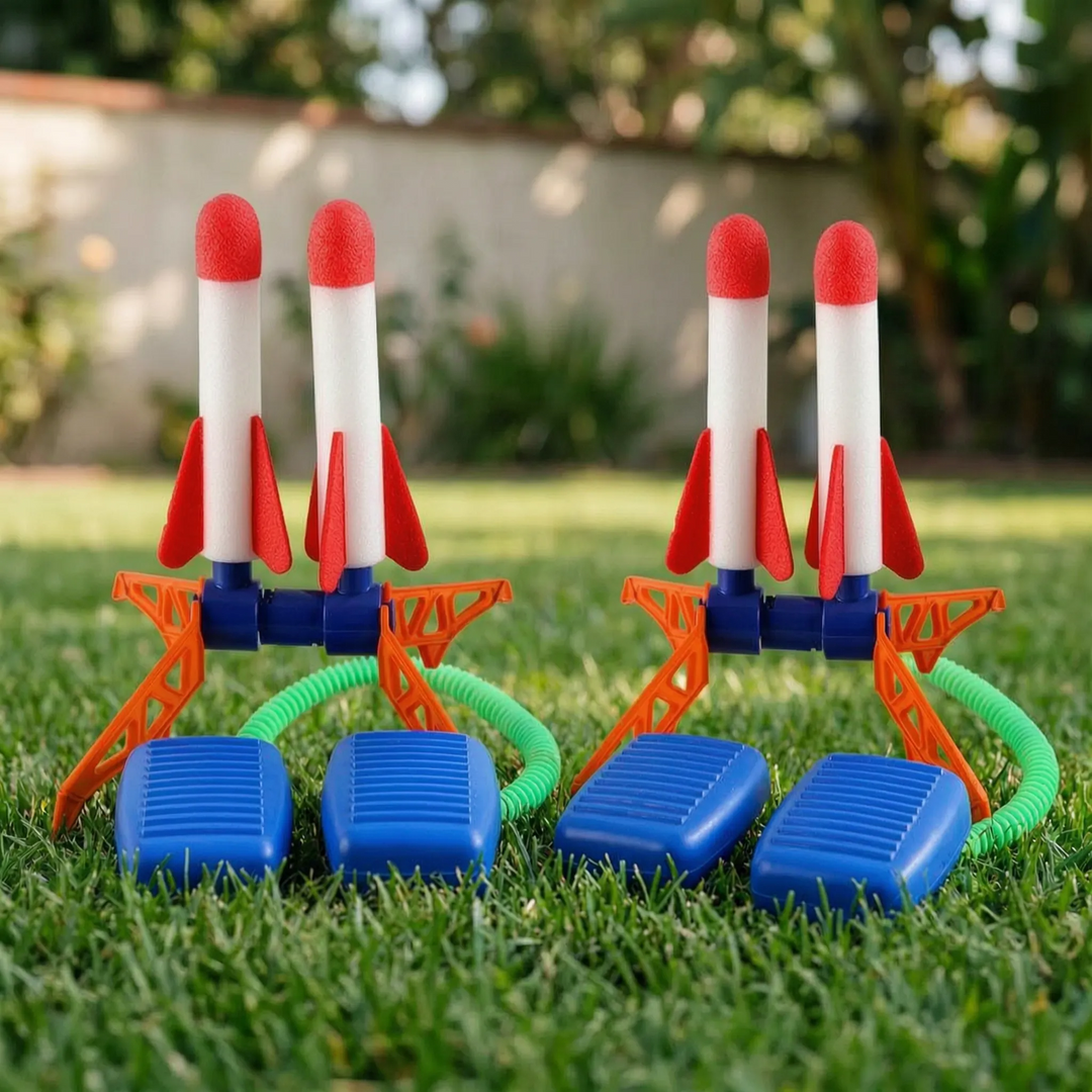 Children playing with an air powered stomp rocket, an engaging outdoor toy and science gift for kids.