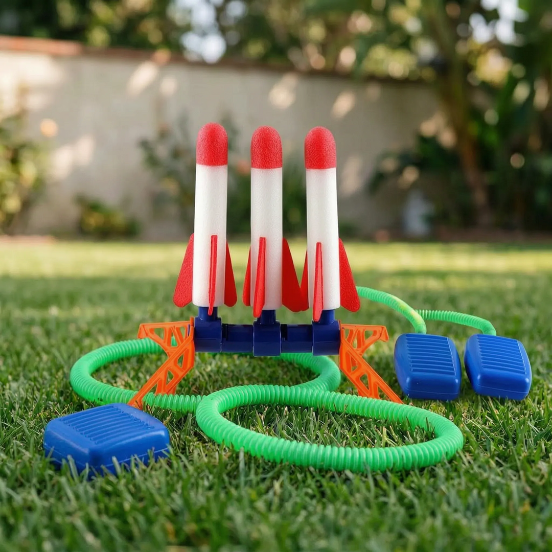 Excited kids launching a bright air rocket high into the sky, a great outdoor toy for active play.