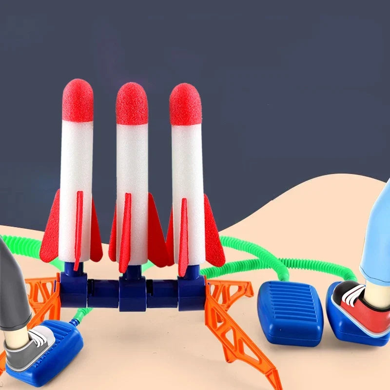 Sturdy air rocket system for kids' outdoor play, promoting physical activity and scientific curiosity.