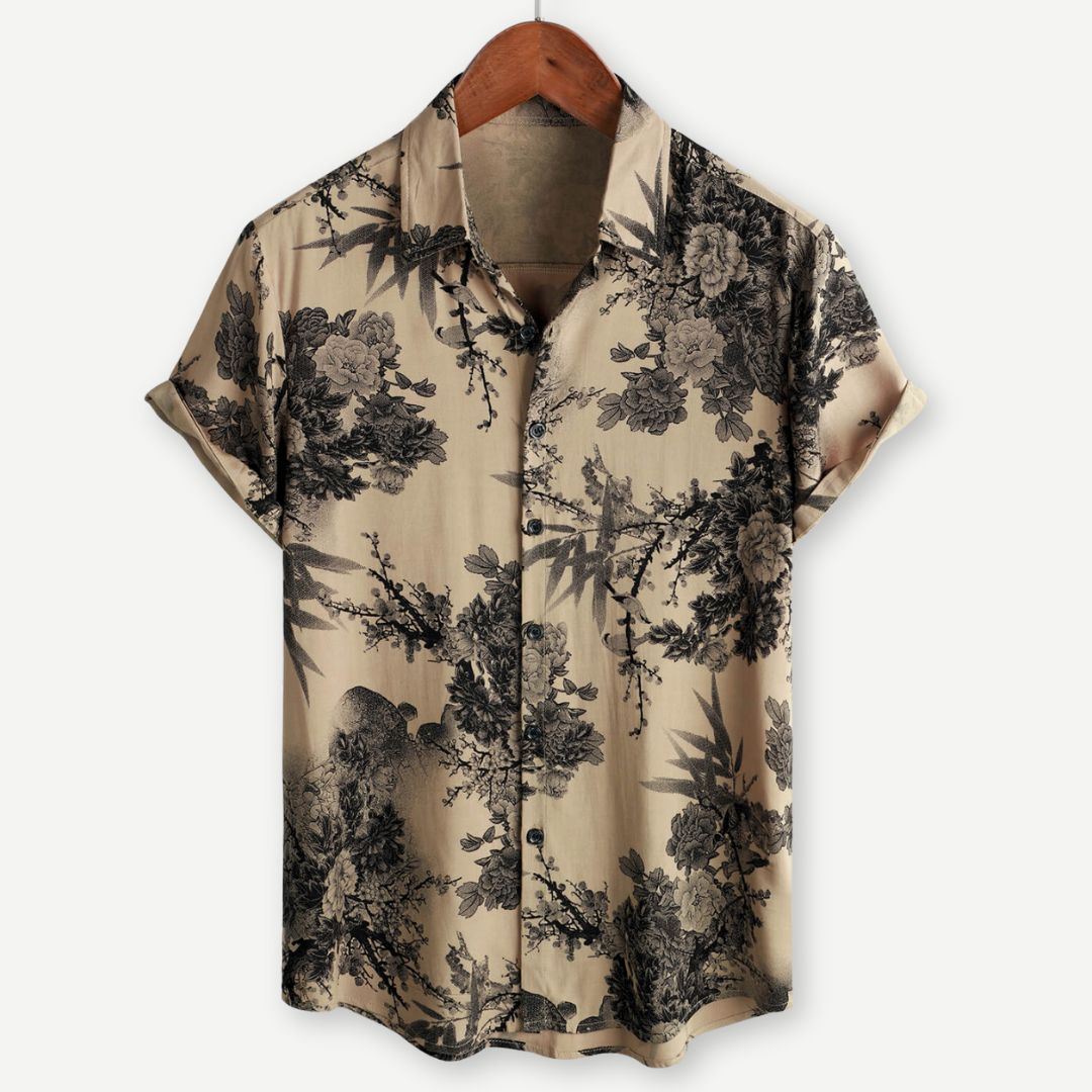 Men's vintage blossom short sleeve button-up shirt in brown, perfect for summer casual style.