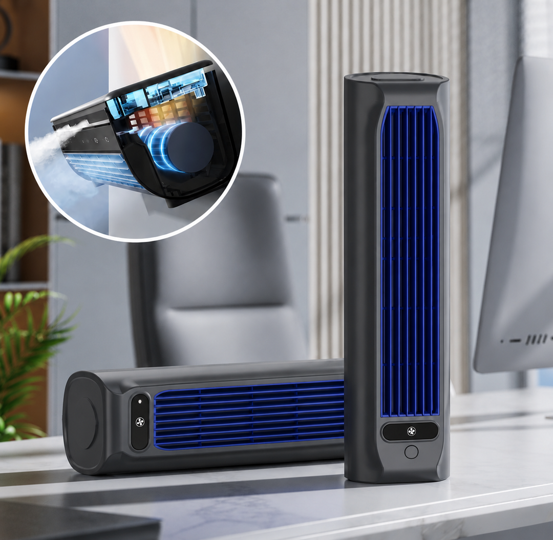 Rechargeable personal air conditioner, a portable fan for home, office, or travel comfort.