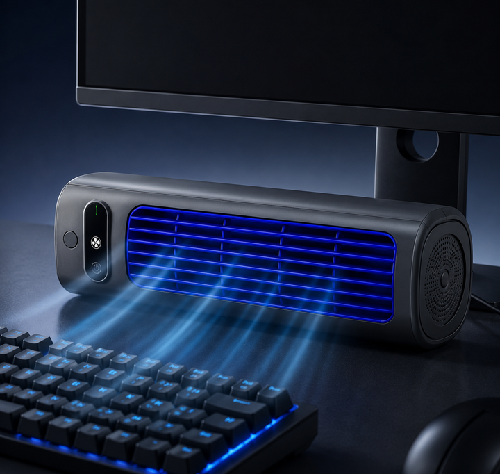 Grey desktop personal cooler, a quiet portable AC for office essentials & home cooling.