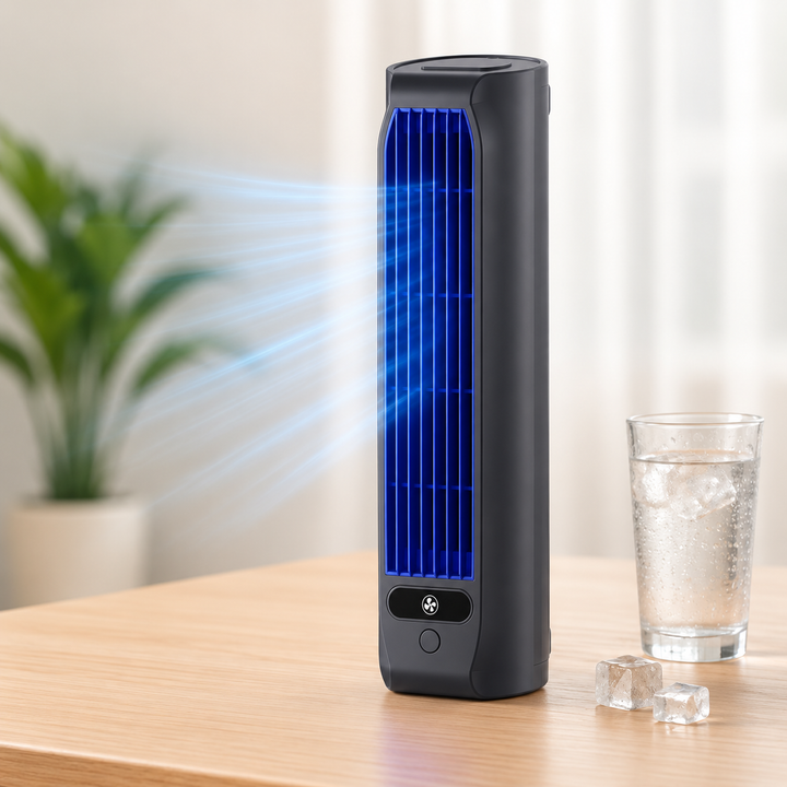 Portable grey rechargeable fan, a personal mini AC for desktop, office, or travel cooling.