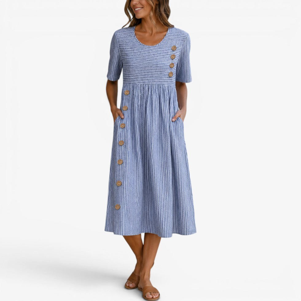 Comfortable women's relaxed fit striped midi dress with chic button details, perfect for flowy summer fashion.