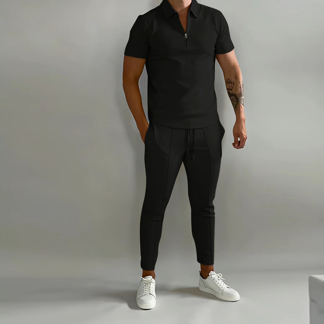 Comfortable men's matching polo shirt and casual pants set, perfect for stylish everyday wear.