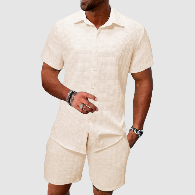 Men's casual button-down shirt & shorts set, perfect for summer. Stylish two-piece leisure wear for warm weather.