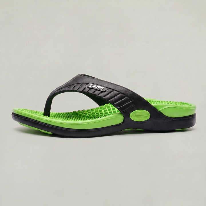 Modern men's thong sandals, sleek design & comfortable textured footbed for summer.