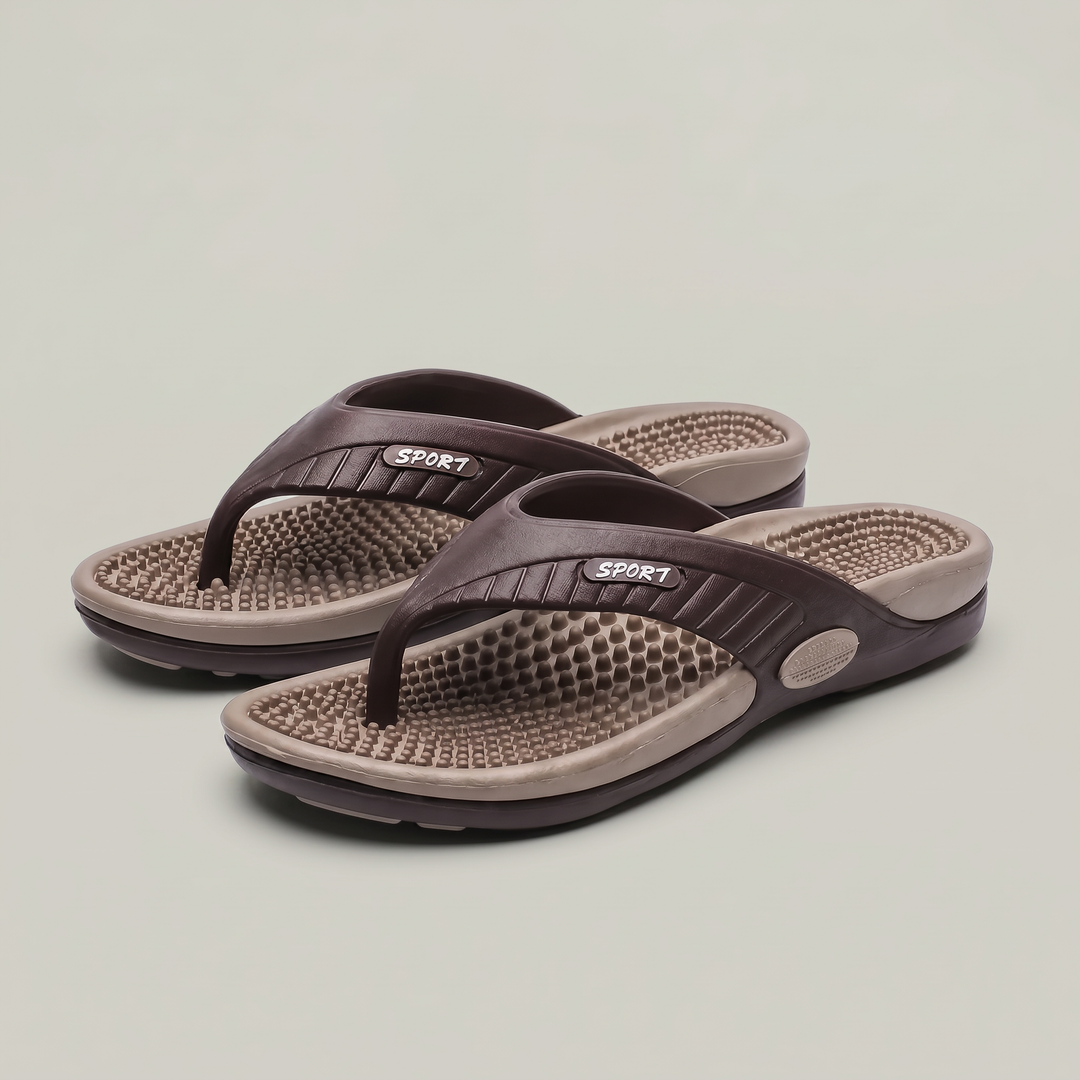 Warm weather men's thong sandals, featuring a comfortable textured footbed for summer.