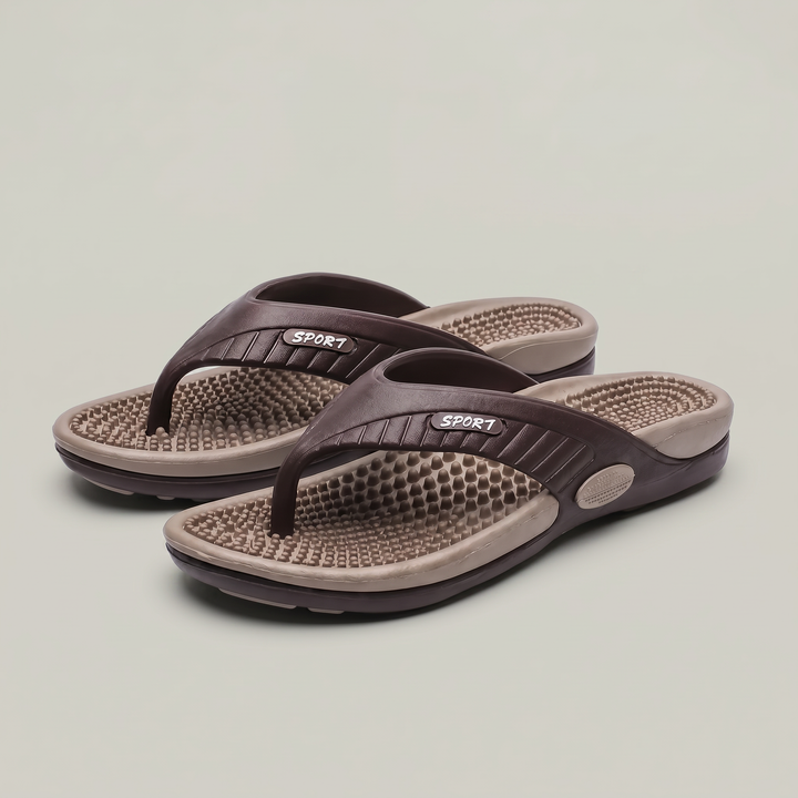 Warm weather men's thong sandals, featuring a comfortable textured footbed for summer.