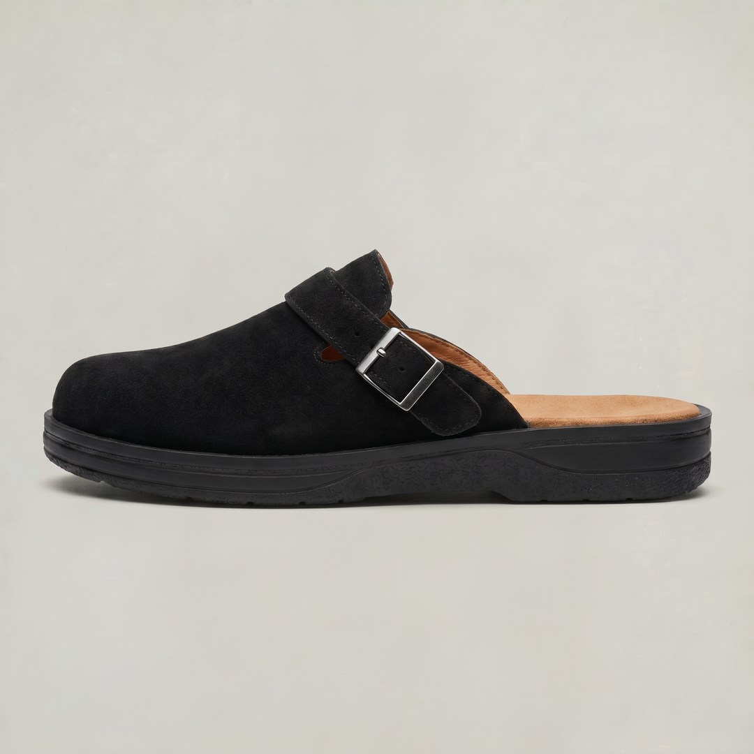 Men's refined slip-on mule clogs with a stylish buckle strap, perfect for casual, all-day comfort and everyday wear.