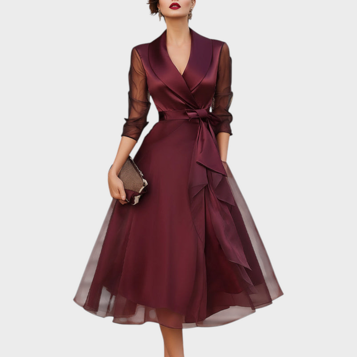 Elegant women's burgundy wrap midi party dress with sheer mesh sleeves, perfect for cocktail or formal events.