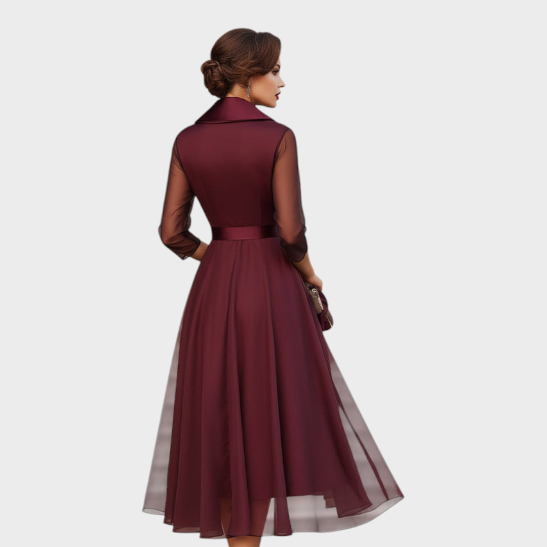 Flattering burgundy wrap midi dress for women, featuring elegant mesh sleeves, ideal for parties & special occasions.